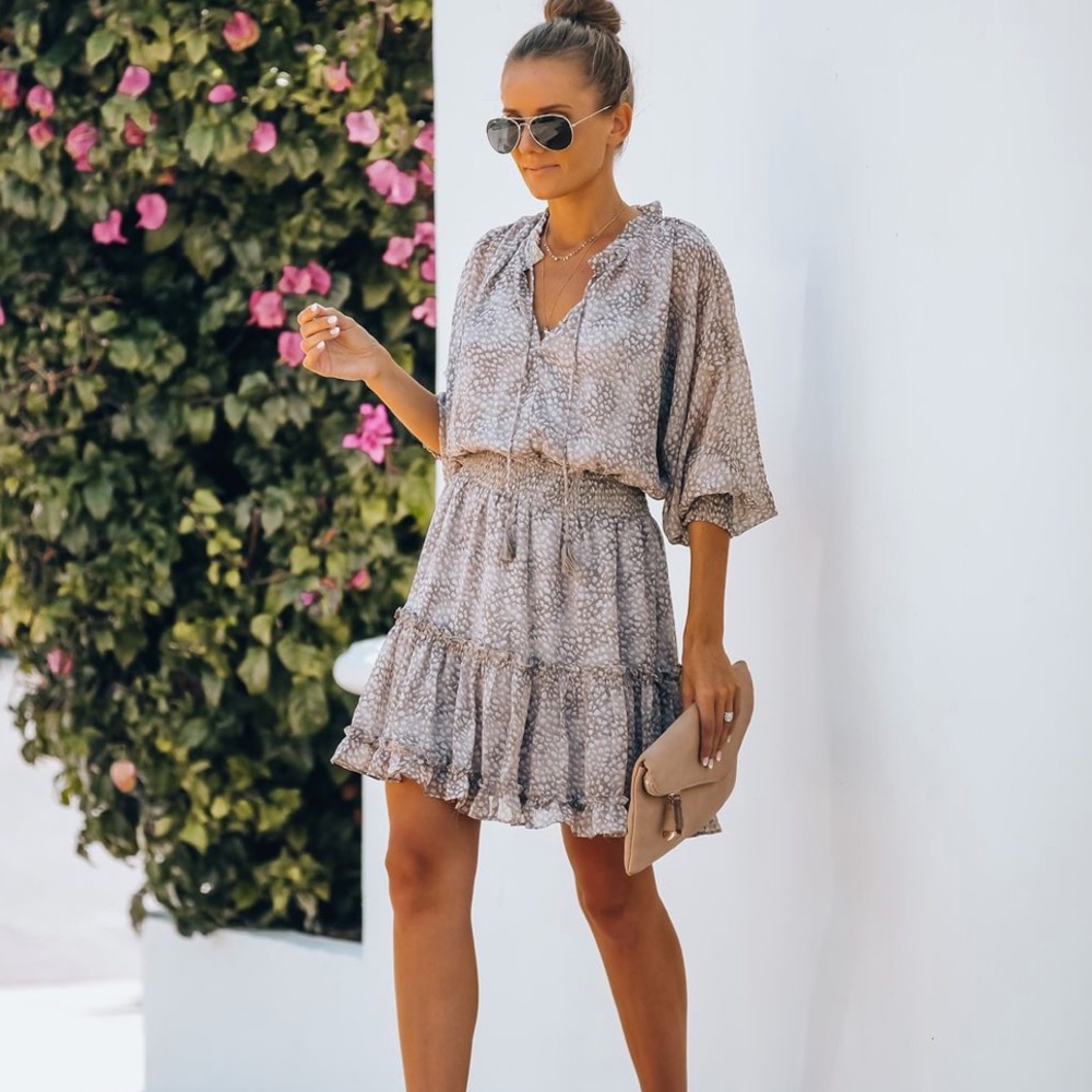 Vici St Helena printed taupe smocked dress